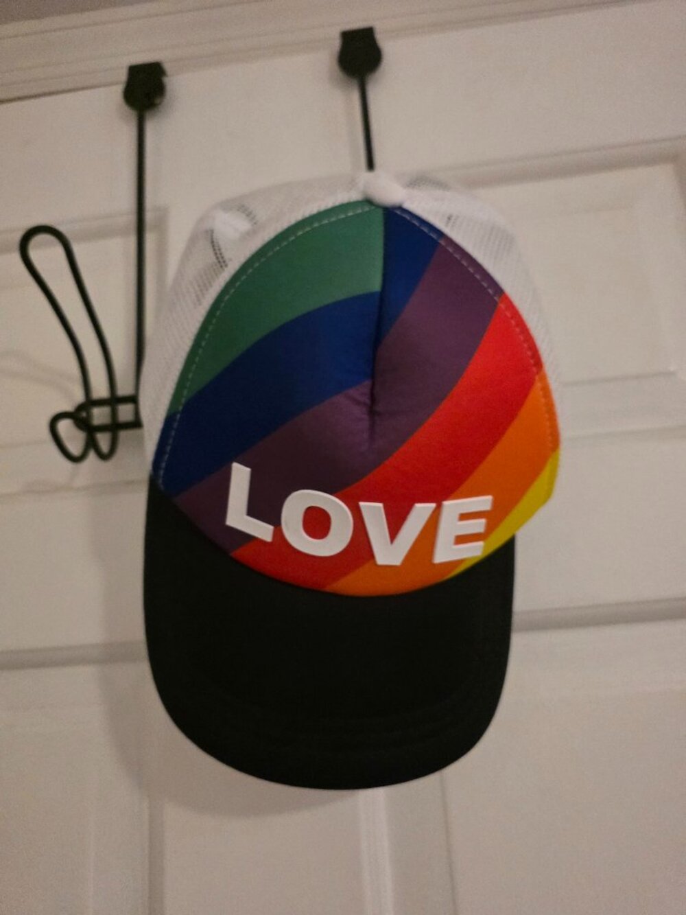 LGBTQ Love Rainbow Trucker Hat White and Black and Rainbow Adjustable Band, Mesh